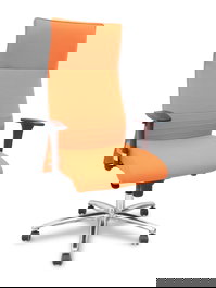 Sillón Albacete con mecanismo Sincro tapizada con Tela color Naranja. Equipado con Base aluminio, Brazos 1D y Ruedas de parqué