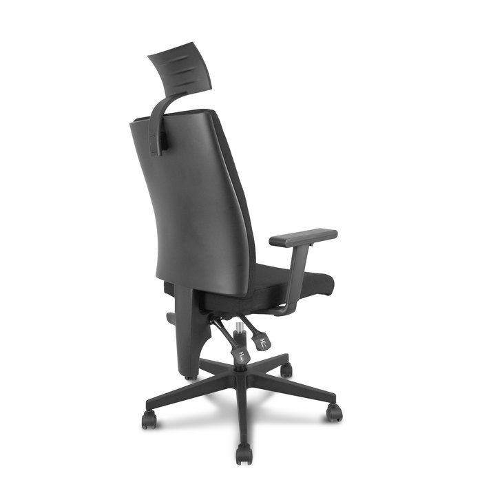 Silla de oficina I-Line con mecanismo Contacto permanente de doble maneta tapizada con Tela color Negro. Equipada con Base poliamida negra, Brazos 1D, Cabecero Fijo y Ruedas autofrenantes