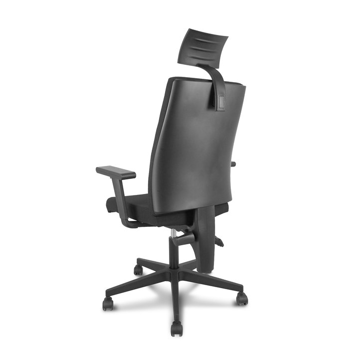 Silla de oficina I-Line con mecanismo Contacto permanente de doble maneta tapizada con Tela color Negro. Equipada con Base poliamida negra, Brazos 1D, Cabecero Fijo y Ruedas autofrenantes