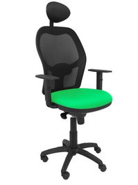 Silla de oficina Jorquera con mecanismo Sincro tapizada con Tela color Verde y malla color Negro. Equipada con lumbar 1D, Brazos 1D, Cabecero Fijo y Ruedas de nailon 50 mm