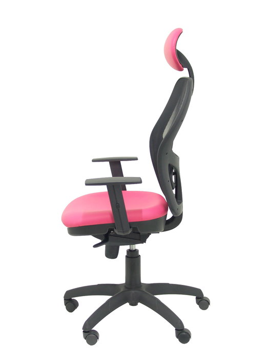 Silla de oficina Jorquera con mecanismo Sincro tapizada con Similpiel color Rosa y malla color Negro. Equipada con lumbar 1D, Brazos 1D, Cabecero Fijo y Ruedas de nailon 50 mm