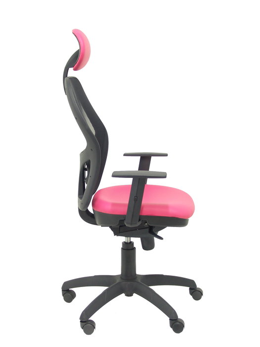 Silla de oficina Jorquera con mecanismo Sincro tapizada con Similpiel color Rosa y malla color Negro. Equipada con lumbar 1D, Brazos 1D, Cabecero Fijo y Ruedas de nailon 50 mm