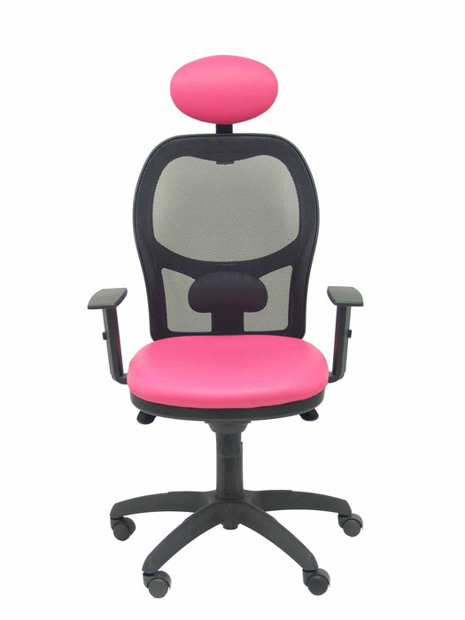 Silla de oficina Jorquera con mecanismo Sincro tapizada con Similpiel color Rosa y malla color Negro. Equipada con lumbar 1D, Brazos 1D, Cabecero Fijo y Ruedas de nailon 50 mm