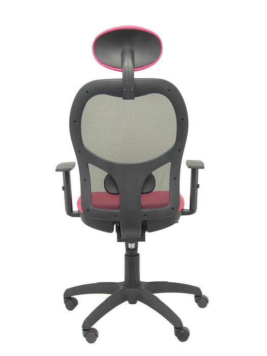 Silla de oficina Jorquera con mecanismo Sincro tapizada con Similpiel color Rosa y malla color Negro. Equipada con lumbar 1D, Brazos 1D, Cabecero Fijo y Ruedas de nailon 50 mm