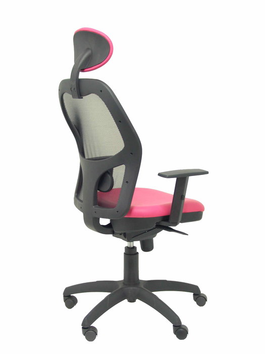 Silla de oficina Jorquera con mecanismo Sincro tapizada con Similpiel color Rosa y malla color Negro. Equipada con lumbar 1D, Brazos 1D, Cabecero Fijo y Ruedas de nailon 50 mm