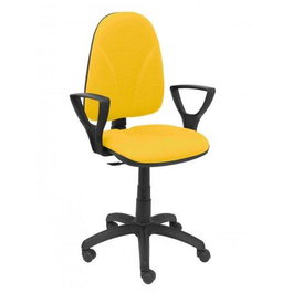 Silla de oficina Algarra con mecanismo Contacto permanente básico tapizada con Tela color Amarillo. Equipada con Base poliamida negra, Brazos fijos y Ruedas de nailon 50 mm