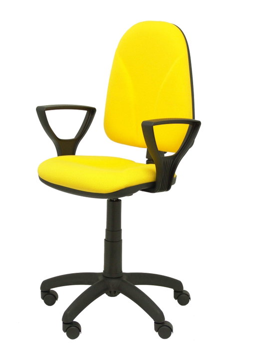 Silla de oficina Algarra con mecanismo Contacto permanente básico tapizada con Tela color Amarillo. Equipada con Base poliamida negra, Brazos fijos y Ruedas de nailon 50 mm