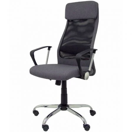 Silla de oficina Esteras con mecanismo Basculante tapizada con Tela color Gris y malla color Negro. Equipada con lumbar Fijo, Brazos fijos, Cabecero Fijo y Ruedas de nailon 50 mm