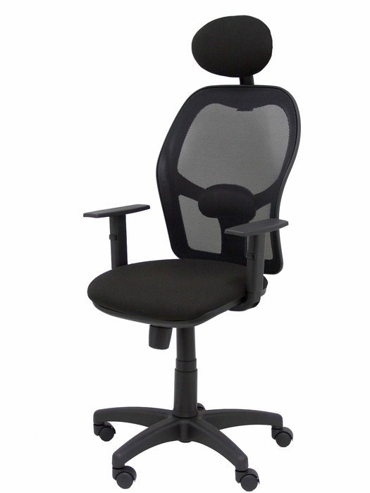 Silla de oficina Alocén con mecanismo Sincro tapizada con Tela color Negro. Equipada con lumbar 1D, Brazos 1D, Cabecero Fijo y Ruedas de nailon 50 mm