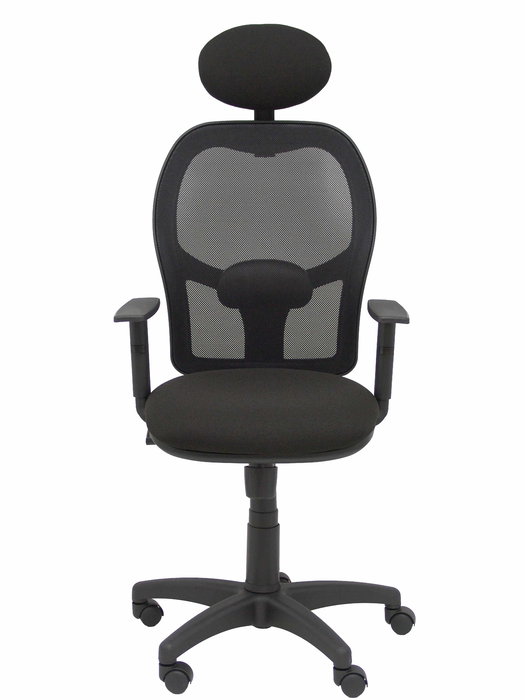 Silla de oficina Alocén con mecanismo Sincro tapizada con Tela color Negro. Equipada con lumbar 1D, Brazos 1D, Cabecero Fijo y Ruedas de nailon 50 mm