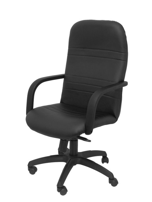 Sillón Letur con mecanismo Basculante avanzado tapizada con Tela color Negro. Equipado con Base poliamida negra, Brazos fijos y Ruedas de nailon 50 mm