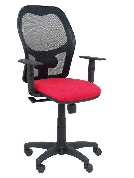 Silla de oficina Alocén con mecanismo Sincro tapizada con Tela color Rojo y malla color Negro. Equipada con lumbar 1D, Brazos 1D y Ruedas de nailon 50 mm Silla de oficina Alocén con mecanismo Sincro tapizada con Tela color Rojo y malla color Negro. Equipada con lumbar 1D, Brazos 1D y Ruedas de nailon 50 mm