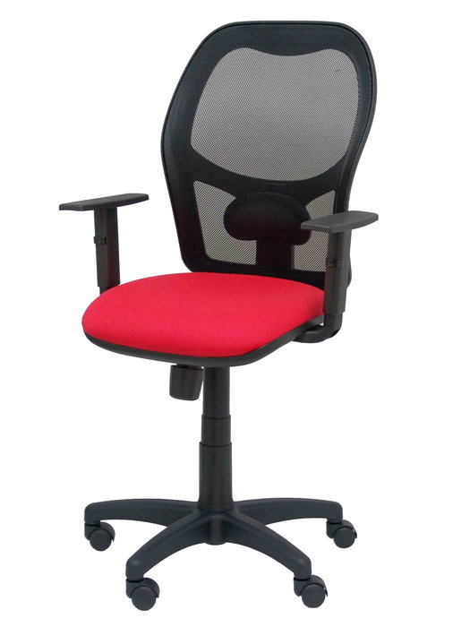 Silla de oficina Alocén con mecanismo Sincro tapizada con Tela color Rojo y malla color Negro. Equipada con lumbar 1D, Brazos 1D y Ruedas de nailon 50 mm Silla de oficina Alocén con mecanismo Sincro tapizada con Tela color Rojo y malla color Negro. Equipada con lumbar 1D, Brazos 1D y Ruedas de nailon 50 mm