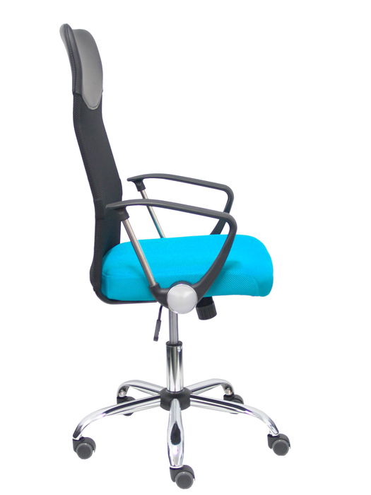 Silla de oficina Gontar con mecanismo Basculante tapizada con Tela color Turquesa y malla color Negro. Equipada con Base cromada, Brazos fijos y Ruedas de parqué