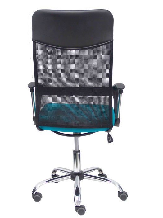 Silla de oficina Gontar con mecanismo Basculante tapizada con Tela color Turquesa y malla color Negro. Equipada con Base cromada, Brazos fijos y Ruedas de parqué
