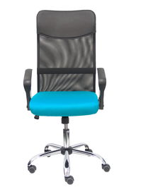 Silla de oficina Gontar con mecanismo Basculante tapizada con Tela color Turquesa y malla color Negro. Equipada con Base cromada, Brazos fijos y Ruedas de parqué