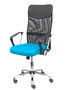 Silla de oficina Gontar con mecanismo Basculante tapizada con Tela color Turquesa y malla color Negro. Equipada con Base cromada, Brazos fijos y Ruedas de parqué