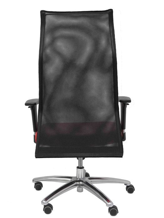 Sillón Albacete con mecanismo Sincro tapizada con Similpiel color Rojo y malla color Negro. Equipado con Base aluminio, Brazos 1D y Ruedas de parqué