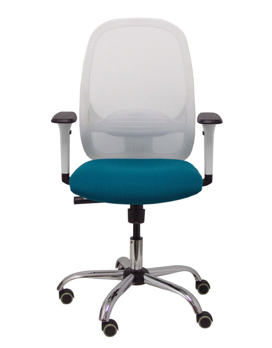 Silla de oficina Cilanco con mecanismo Sincro tapizada con Tela color Verde petróleo y malla color Blanco. Equipada con lumbar 1D, Brazos 1D y Ruedas de parqué