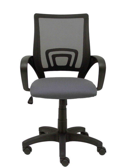Silla de oficina Vianos con mecanismo Basculante tapizada con Tela color Gris oscuro y malla color Negro. Equipada con lumbar Fijo, Brazos fijos y Ruedas de nailon 50 mm