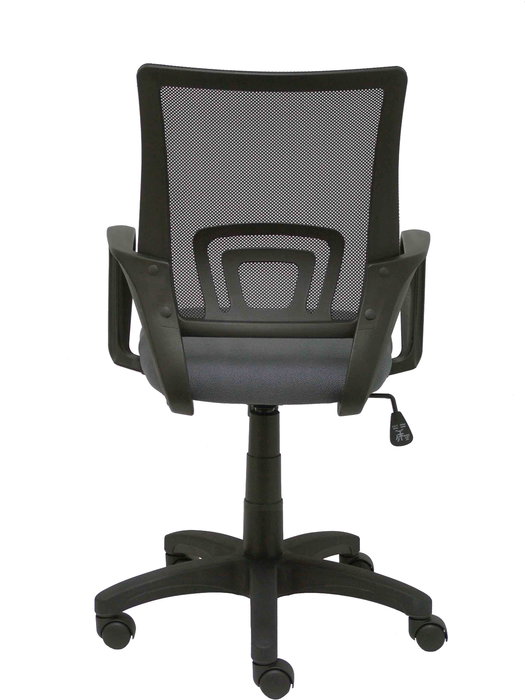 Silla de oficina Vianos con mecanismo Basculante tapizada con Tela color Gris oscuro y malla color Negro. Equipada con lumbar Fijo, Brazos fijos y Ruedas de nailon 50 mm