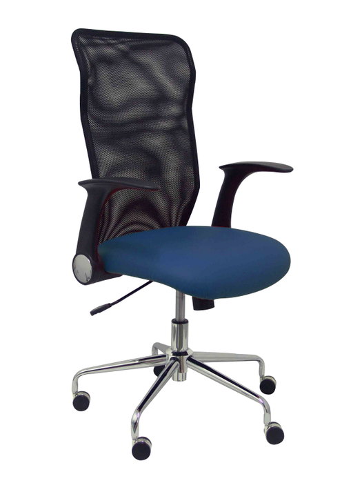 Silla de oficina Minaya con mecanismo Basculante tapizada con Similpiel color Azul marino y malla color Negro. Equipada con Base cromada, Brazos abatibles y Ruedas de nailon 50 mm Silla de oficina Minaya con mecanismo Basculante tapizada con Similpiel color Azul marino y malla color Negro. Equipada con Base cromada, Brazos abatibles y Ruedas de nailon 50 mm