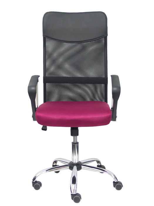 Silla de oficina Gontar con mecanismo Basculante tapizada con Tela color Granate y malla color Negro. Equipada con Base cromada, Brazos fijos y Ruedas de parqué