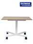 PIQUERAS Y CRESPO Modelo Griego - Mesa de trabajo regulable con ajuste electrico. Tablero de madera en color roble y estructura en color blanco. Dispone de ruedas con freno. Con boton de subir y bajar. No tiene memoria.