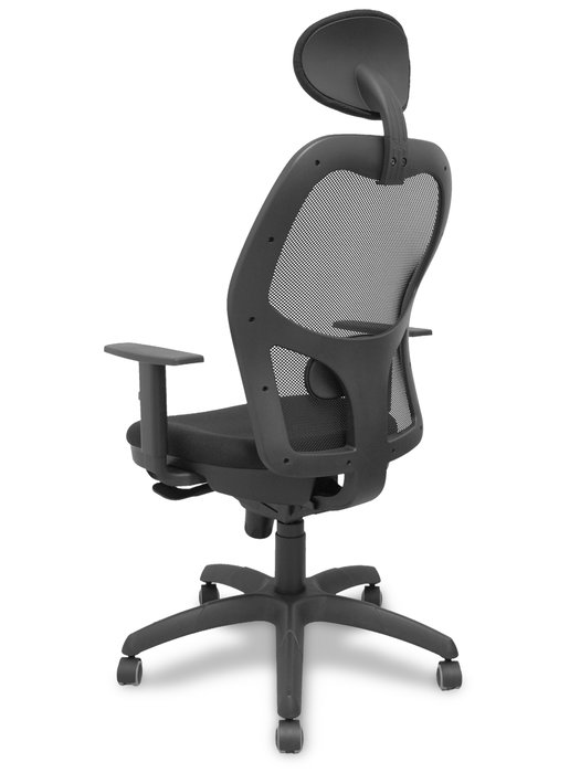 Silla de oficina Jorquera con mecanismo Sincro tapizada con Tela color Negro. Equipada con lumbar 1D, Brazos 1D, Cabecero Fijo y Ruedas de parqué