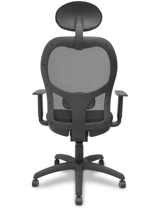 Silla de oficina Jorquera con mecanismo Sincro tapizada con Tela color Negro. Equipada con lumbar 1D, Brazos 1D, Cabecero Fijo y Ruedas de parqué