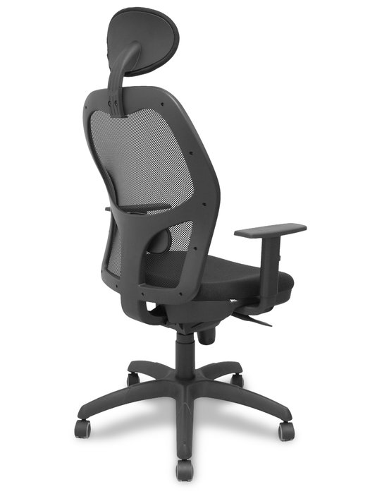 Silla de oficina Jorquera con mecanismo Sincro tapizada con Tela color Negro. Equipada con lumbar 1D, Brazos 1D, Cabecero Fijo y Ruedas de parqué
