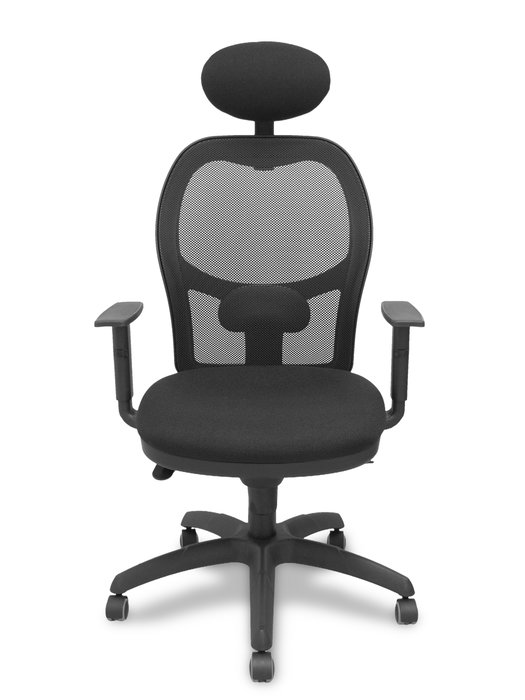 Silla de oficina Jorquera con mecanismo Sincro tapizada con Tela color Negro. Equipada con lumbar 1D, Brazos 1D, Cabecero Fijo y Ruedas de parqué