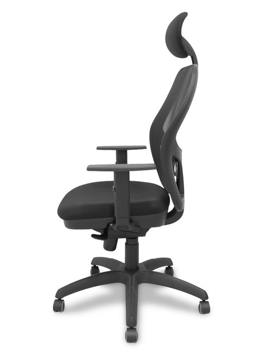 Silla de oficina Jorquera con mecanismo Sincro tapizada con Tela color Negro. Equipada con lumbar 1D, Brazos 1D, Cabecero Fijo y Ruedas de parqué