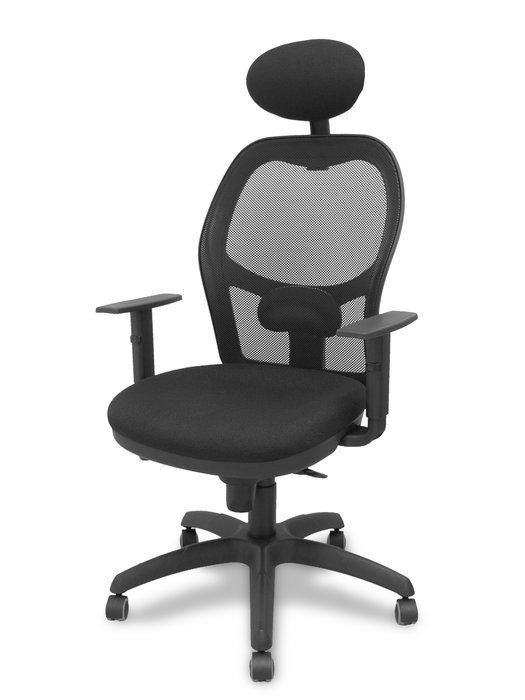 Silla de oficina Jorquera con mecanismo Sincro tapizada con Tela color Negro. Equipada con lumbar 1D, Brazos 1D, Cabecero Fijo y Ruedas de parqué