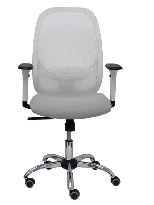 Silla de oficina Cilanco con mecanismo Sincro tapizada con Tela color Gris claro y malla color Blanco. Equipada con lumbar 1D, Brazos 1D y Ruedas de parqué