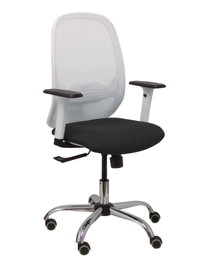 Silla de oficina Cilanco con mecanismo Sincro tapizada con Similpiel color Negro y malla color Blanco. Equipada con lumbar 1D, Brazos 1D y Ruedas de parqué