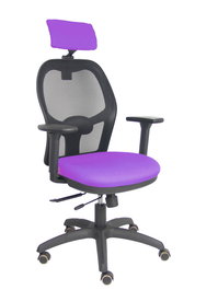 Silla de oficina Jorquera con mecanismo Sincro/Traslack tapizada con Tela color Lila y malla color Negro. Equipada con lumbar 1D, Brazos 3D, Cabecero 2D y Ruedas de parqué