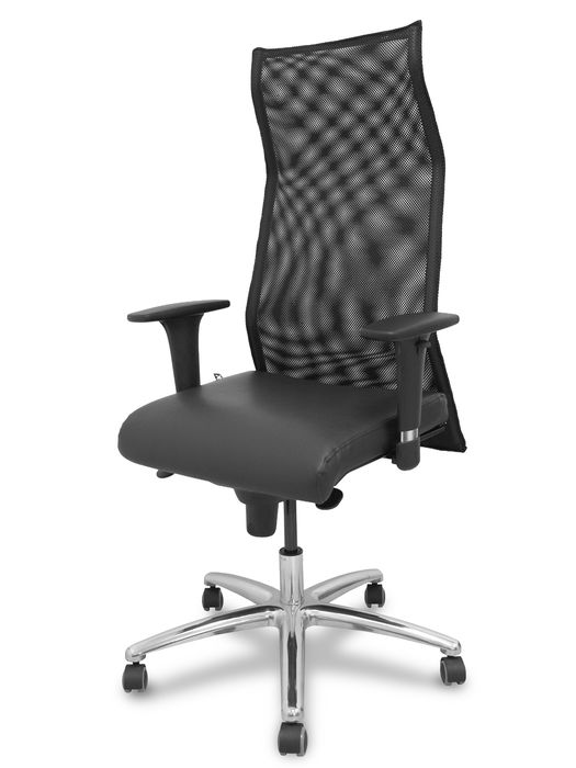 Sillón Albacete con mecanismo Sincro tapizada con Similpiel color Negro. Equipado con Base aluminio, Brazos 1D y Ruedas de parqué