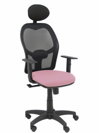 Silla de oficina Alocén con mecanismo Sincro tapizada con Tela color Rosa y malla color Negro. Equipada con lumbar 1D, Brazos 1D, Cabecero Fijo y Ruedas de nailon 50 mm