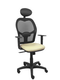 Silla de oficina Alocén con mecanismo Sincro tapizada con Similpiel color Crema y malla color Negro. Equipada con lumbar 1D, Brazos 1D, Cabecero Fijo y Ruedas de nailon 50 mm