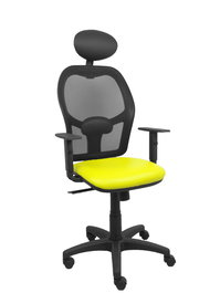 Silla de oficina Alocén con mecanismo Sincro tapizada con Similpiel color Amarillo y malla color Negro. Equipada con lumbar 1D, Brazos 1D, Cabecero Fijo y Ruedas de nailon 50 mm