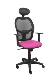 Silla de oficina Alocén con mecanismo Sincro tapizada con Similpiel color Rosa y malla color Negro. Equipada con lumbar 1D, Brazos 1D, Cabecero Fijo y Ruedas de nailon 50 mm