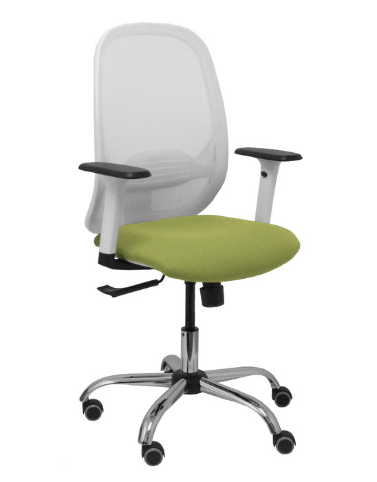 Silla de oficina Cilanco con mecanismo Sincro tapizada con Tela color Verde oliva y malla color Blanco. Equipada con lumbar 1D, Brazos 1D y Ruedas de parqué Silla de oficina Cilanco con mecanismo Sincro tapizada con Tela color Verde oliva y malla color Blanco. Equipada con lumbar 1D, Brazos 1D y Ruedas de parqué
