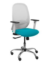 Silla de oficina Cilanco con mecanismo Sincro tapizada con Tela color Turquesa y malla color Blanco. Equipada con lumbar 1D, Brazos 1D y Ruedas de parqué