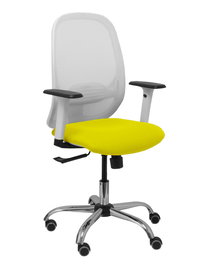 Silla de oficina Cilanco con mecanismo Sincro tapizada con Tela color Amarillo y malla color Blanco. Equipada con lumbar 1D, Brazos 1D y Ruedas de parqué