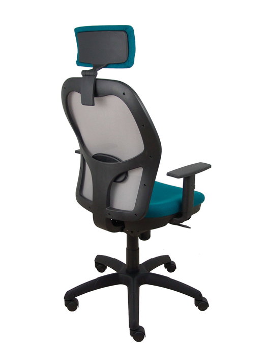 Silla de oficina Jorquera con mecanismo Sincro tapizada con Tela color Verde petróleo y malla color Gris. Equipada con lumbar 1D, Brazos 1D, Cabecero 2D y Ruedas de nailon 50 mm