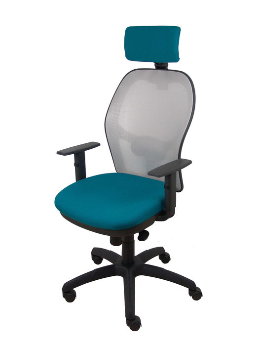 Silla de oficina Jorquera con mecanismo Sincro tapizada con Tela color Verde petróleo y malla color Gris. Equipada con lumbar 1D, Brazos 1D, Cabecero 2D y Ruedas de nailon 50 mm