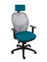 Silla de oficina Jorquera con mecanismo Sincro tapizada con Tela color Verde petróleo y malla color Gris. Equipada con lumbar 1D, Brazos 1D, Cabecero 2D y Ruedas de nailon 50 mm