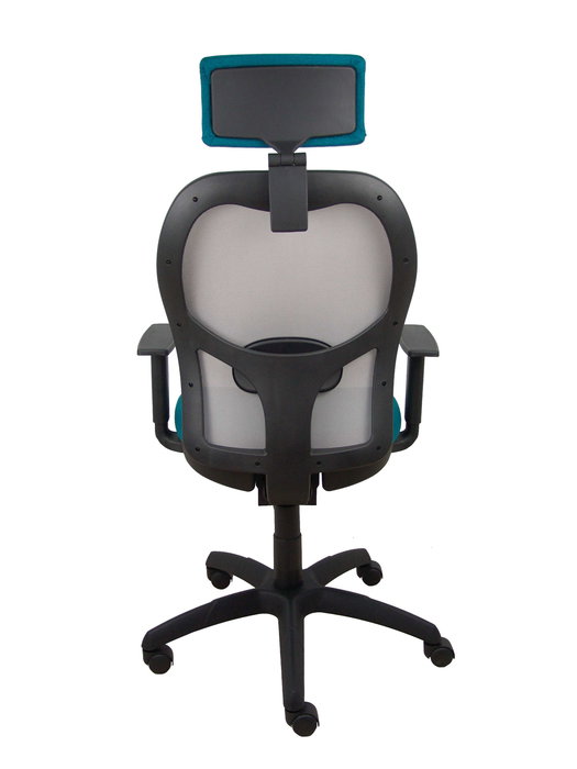 Silla de oficina Jorquera con mecanismo Sincro tapizada con Tela color Verde petróleo y malla color Gris. Equipada con lumbar 1D, Brazos 1D, Cabecero 2D y Ruedas de nailon 50 mm