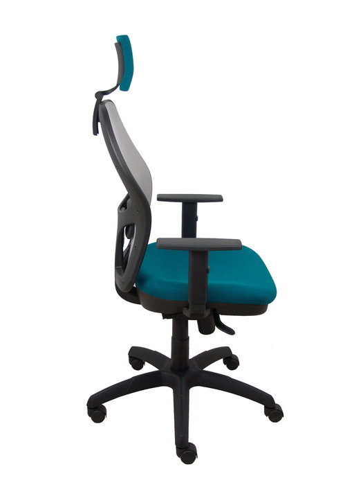 Silla de oficina Jorquera con mecanismo Sincro tapizada con Tela color Verde petróleo y malla color Gris. Equipada con lumbar 1D, Brazos 1D, Cabecero 2D y Ruedas de nailon 50 mm